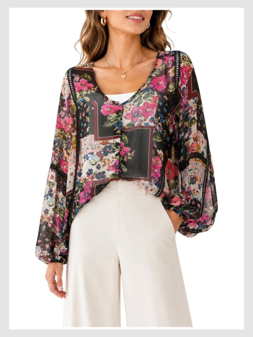 Johnny Was Jade Blouse Black Floral Patchwork Lace Trim M